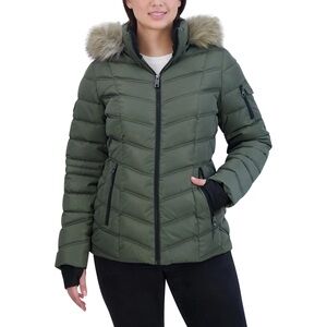 Nautica Women's Green Puffer Jacket with Faux Fur Hood